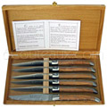 Wooden Box 6 laguiole steak knives Au Sabot with olive wood handle  satin stainless steel blade and bolsters 