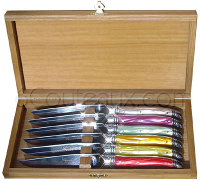Laguiole knives, Box 6 Laguiole colored acrylic steak knives